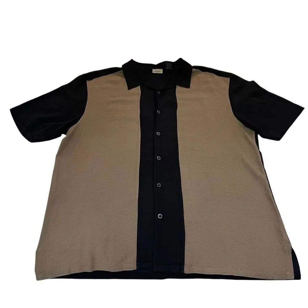 Axist Men's 100% Silk Colorblock Short Sleeve Button-up Shirt Black Tan Large